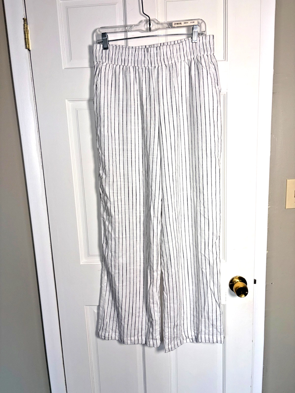 Sanctuary White Navy Pinstripe Wide Leg Pants Size L Elastic Waist Rayon Linen
